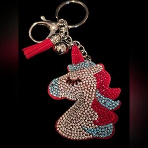Sparkly Red Rhinestone Unicorn Bag Charm / Keychain with Tassel